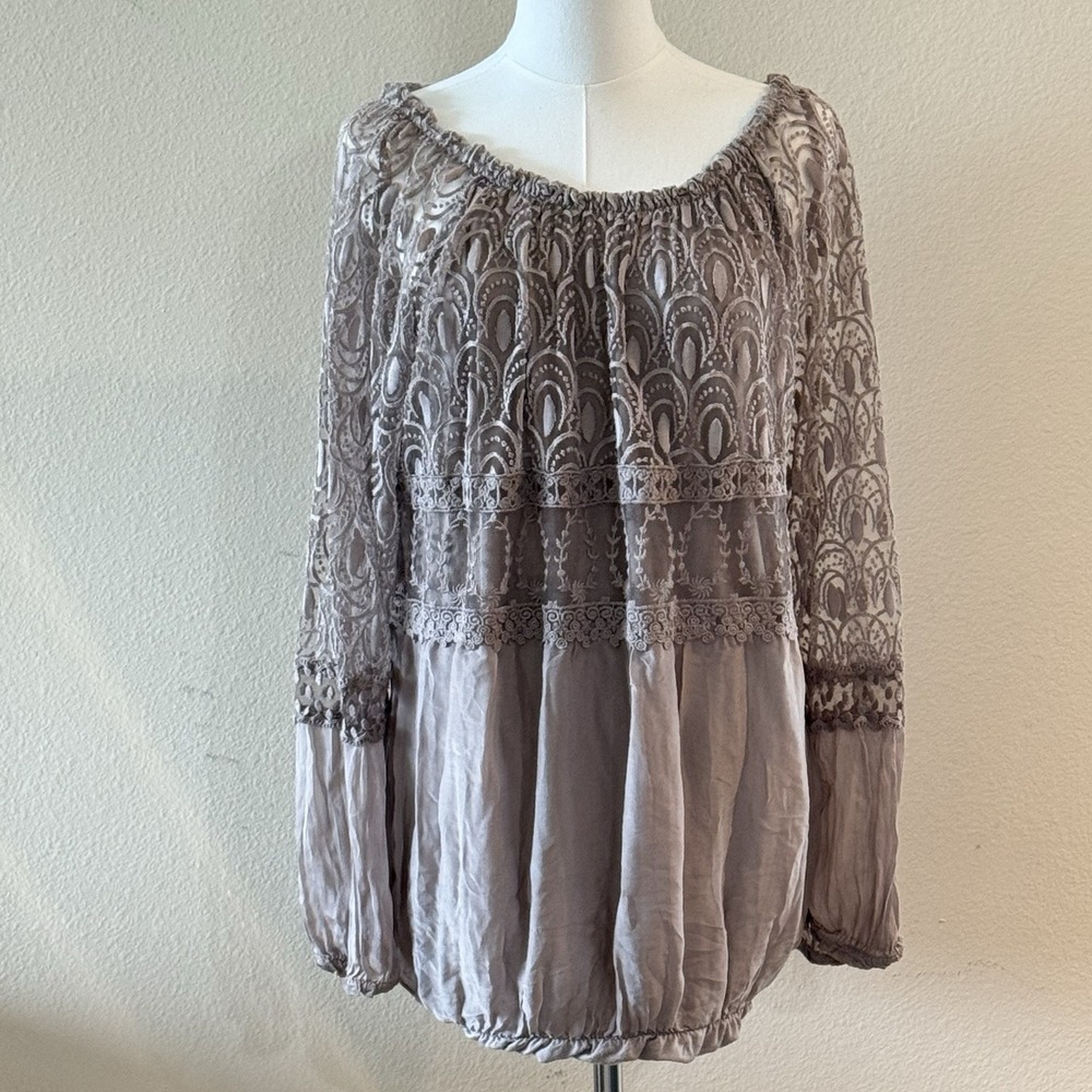 Boho Lace Silk Blend Peasant Blouse Taupe Made Italy Romantic XL Top